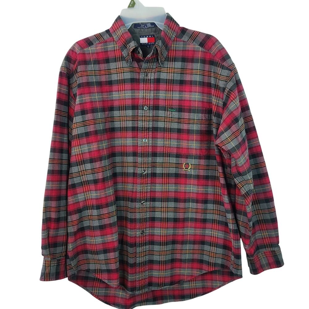 Tommy Hilfiger Red Gray Yellow Plaid Brushed Flannel Vintage Shirt Men's Medium